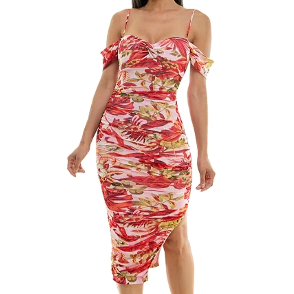 BCX Juniors' Floral-Mesh Ruched Asymmetric Midi Dress